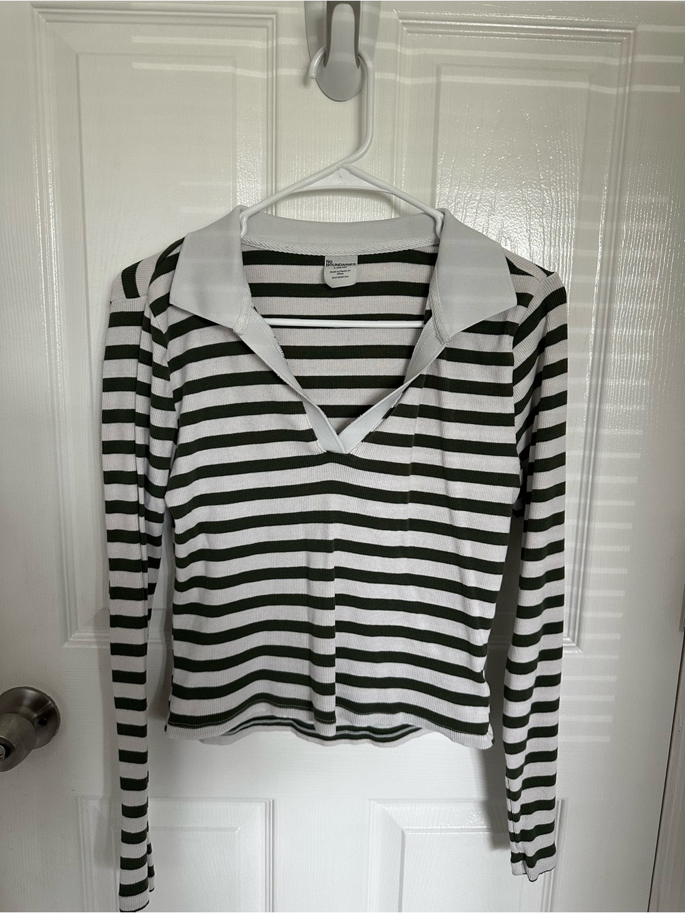 Striped V-Neck Polo Top - White & Dark Green